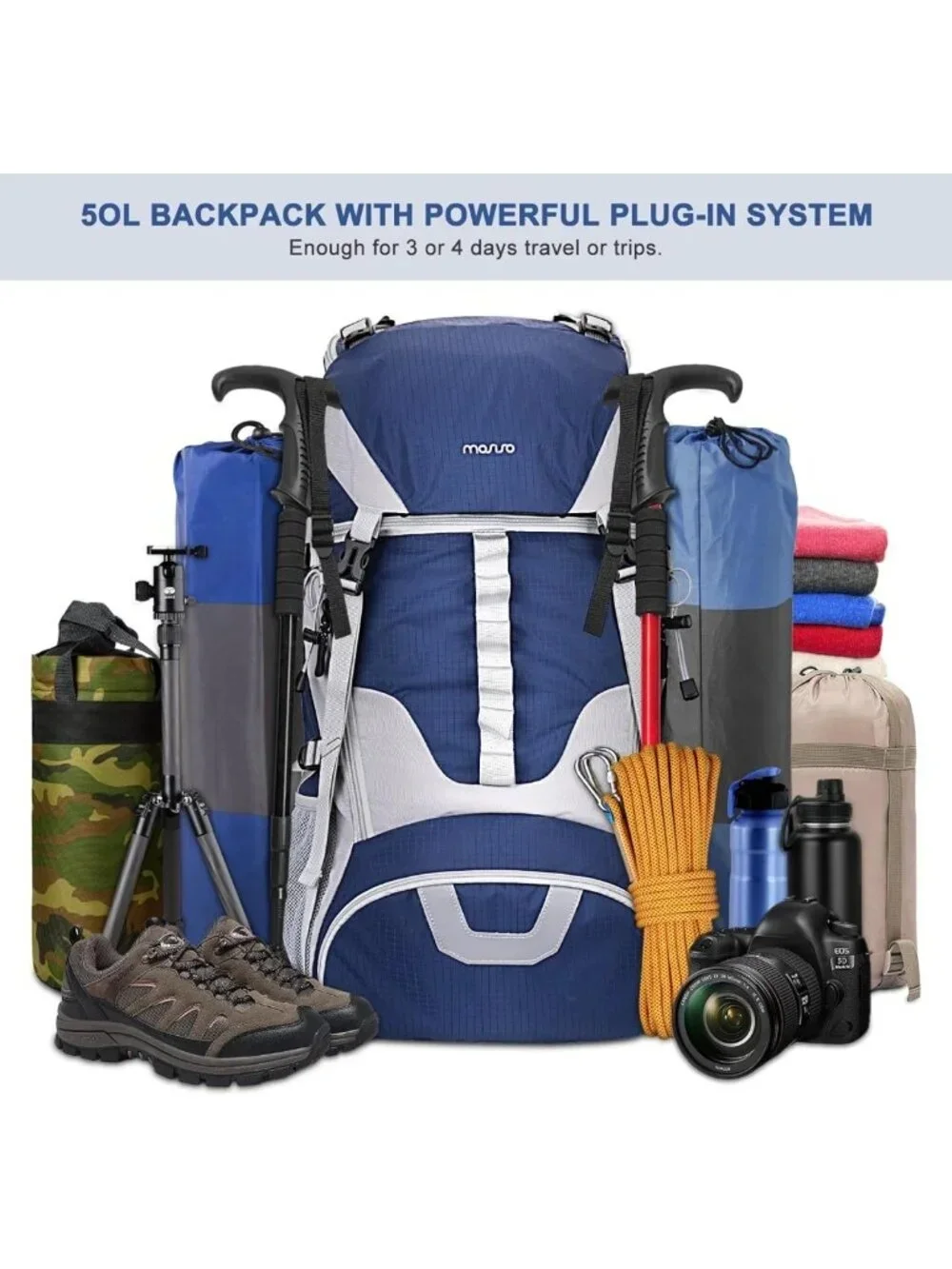 Waterproof 50L Hiking Backpack with Rain Cover, Lightweight Outdoor Daypack